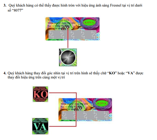 Hướng dẫn các đặc điểm nhận biết tem chống hàng giả của Kova